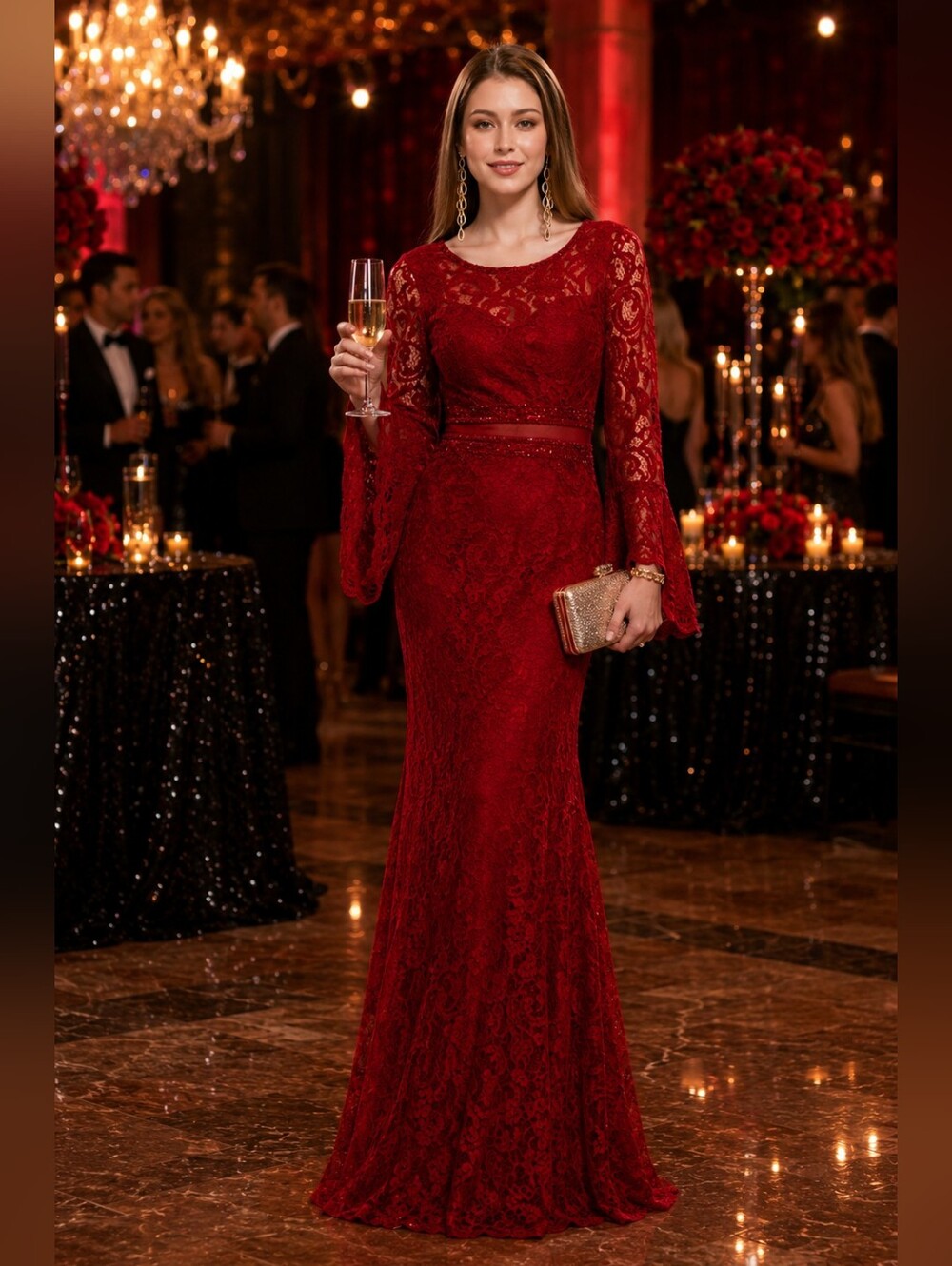 Red Long Sleeve  Lace Gown